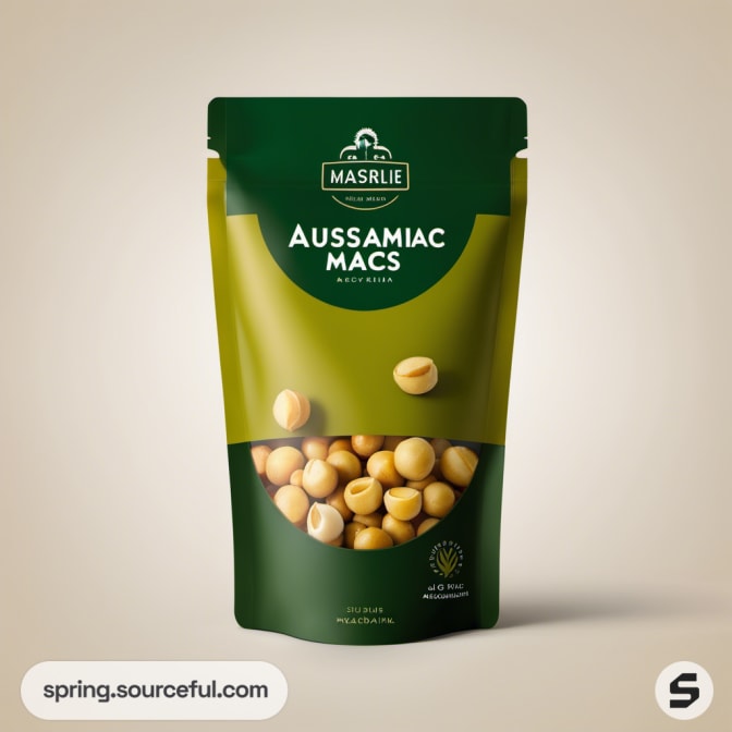 Green resealable pouch with macadamia nuts illustration.