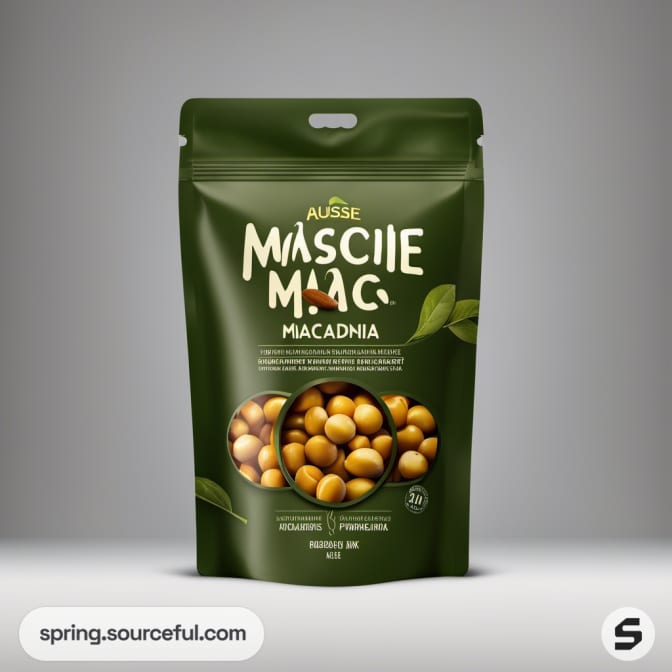 Green resealable pouch with macadamia nuts depicted.