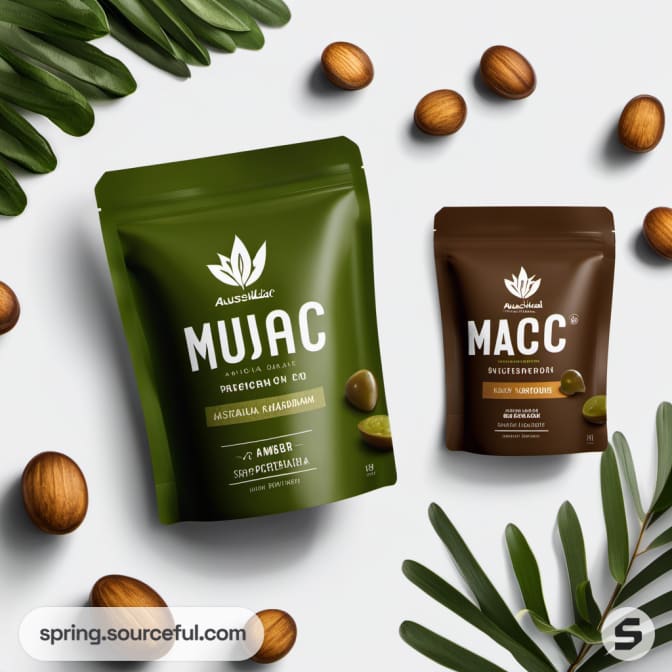 Green and brown pouches with macadamia nut imagery.