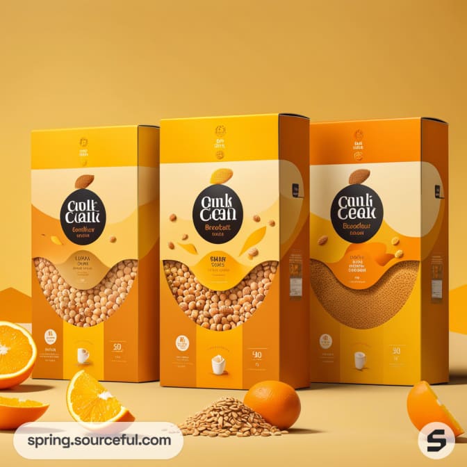 Three cereal boxes with orange-themed designs featuring whole grains and citrus imagery.