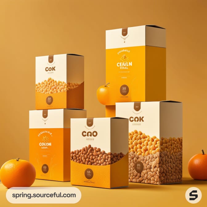 Assorted cereal boxes with orange background and oranges around.