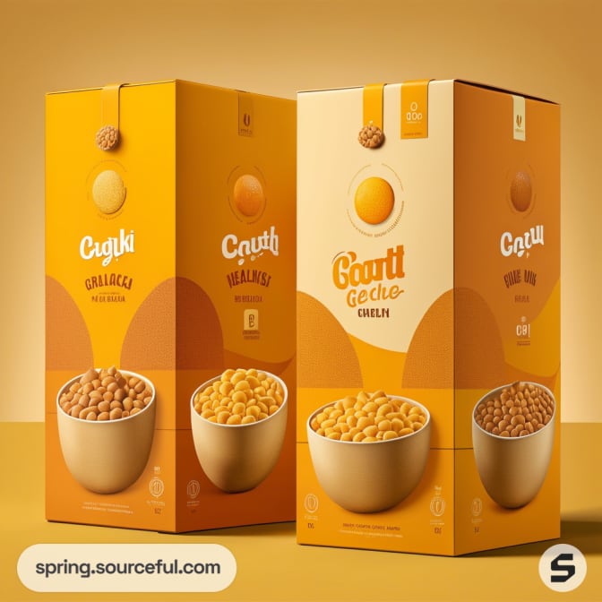 Two cereal boxes with bowls of cereal, one in yellow and the other in orange packaging.