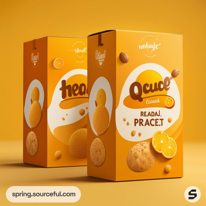 Orange cereal boxes with circular graphics and cookie images on an orange background.