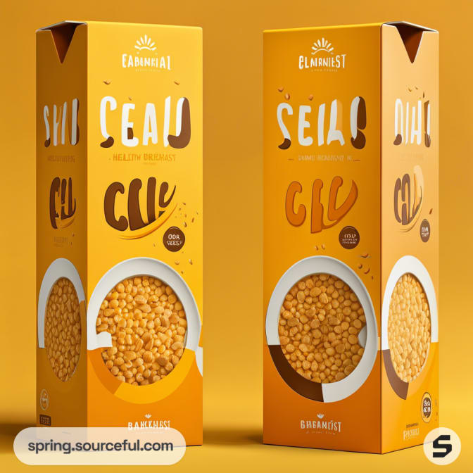 Orange cereal box with clear window showing round cereal pieces, bold text, and decorative design.