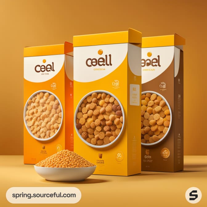 Three cereal boxes with circular cereal pieces, in shades of orange, yellow, and brown on a warm-colored background.