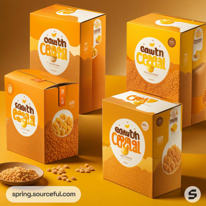 Assorted orange cereal boxes with different sizes and bowls of cereal on a brown surface.