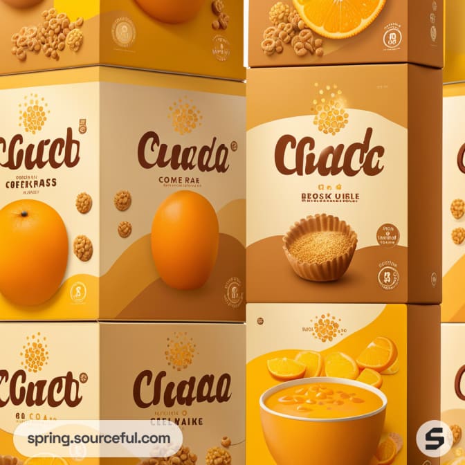 Stacked cereal boxes with orange themes, featuring fruit and corn images on the packaging.