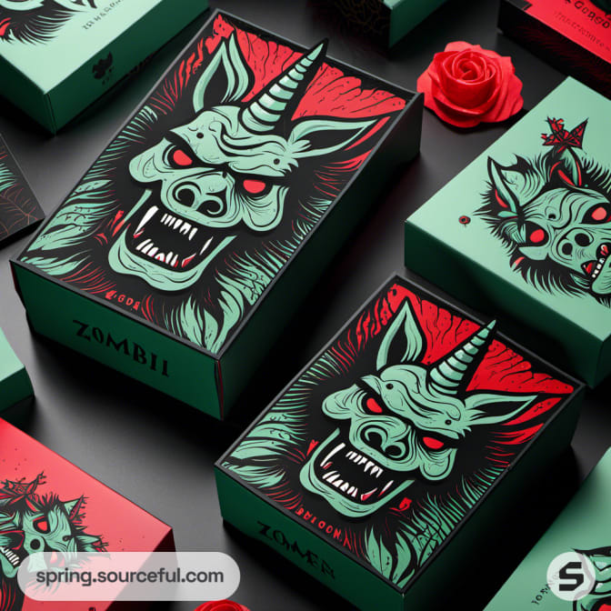 Box with red and green zombie design featuring a fierce mythical creature with glowing eyes.