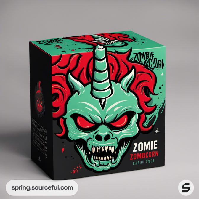 Colorful box featuring a zombie unicorn with red eyes and green mane on a black background.