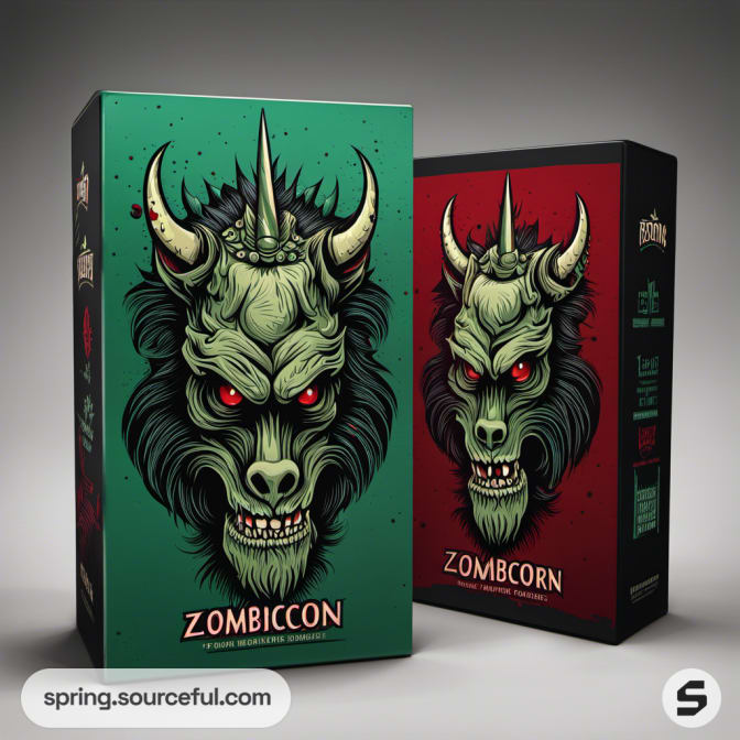 Dark and green comic-style boxes with horned monster illustrations, labeled 'Zombicorn'.