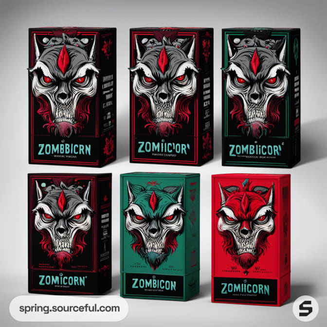 Collection of zombie-themed boxes with intricate horror illustrations in black, red, and teal colors.