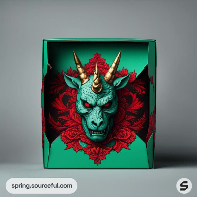 Box packaging with dragon head design and floral patterns in red on a green background.