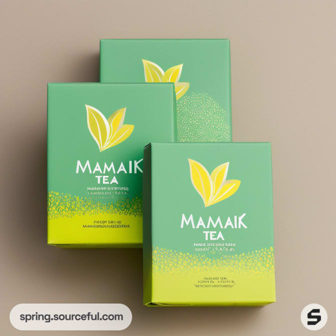 Green tea boxes with yellow leaf design on a neutral background.