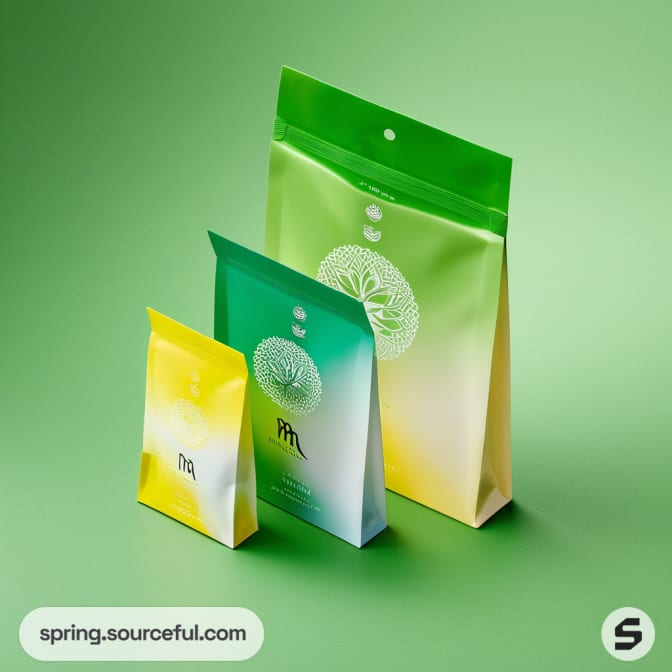 Three gradient resealable pouches on a green background.