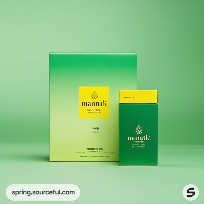 Tea packaging in yellow and green gradients on a green background.