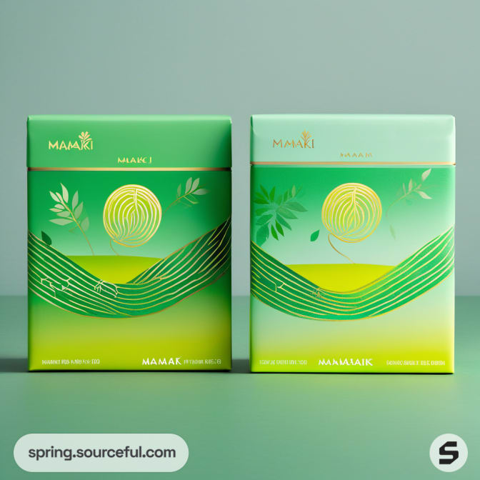 Two green tea boxes with wavy line graphics on a green background.
