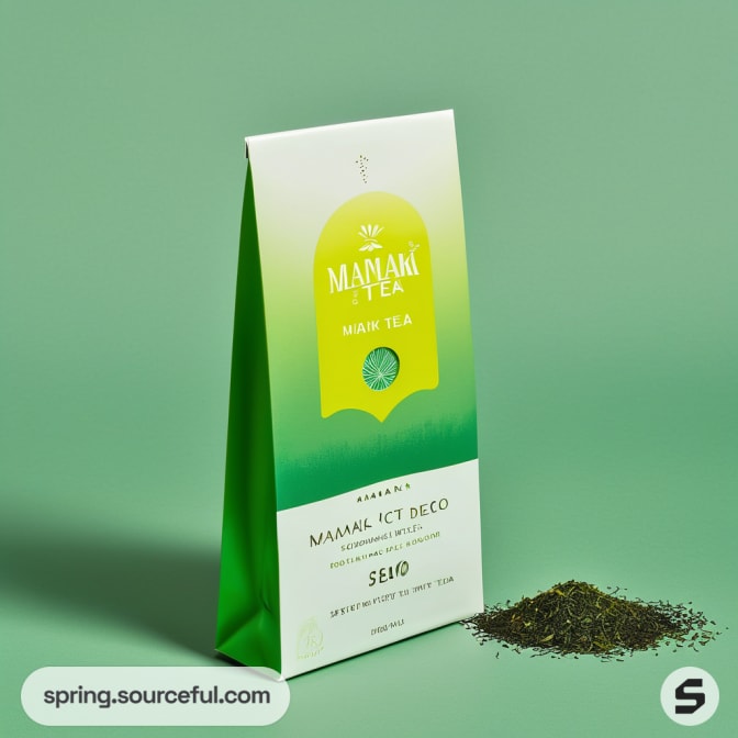 Green and white tea pouch with loose tea on a green background.