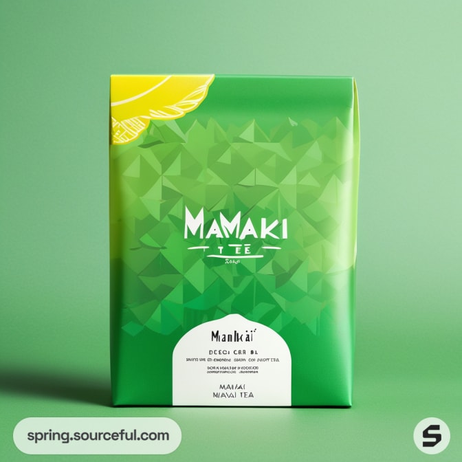 Green tea pouch with geometric leaf design on a green background.