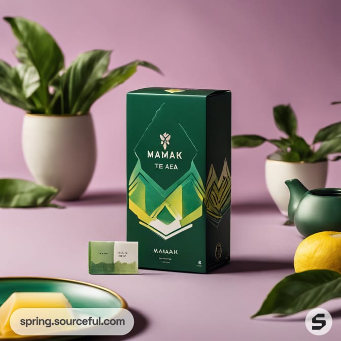 Dark green tea box with leaf pattern on a purple setting with plants.