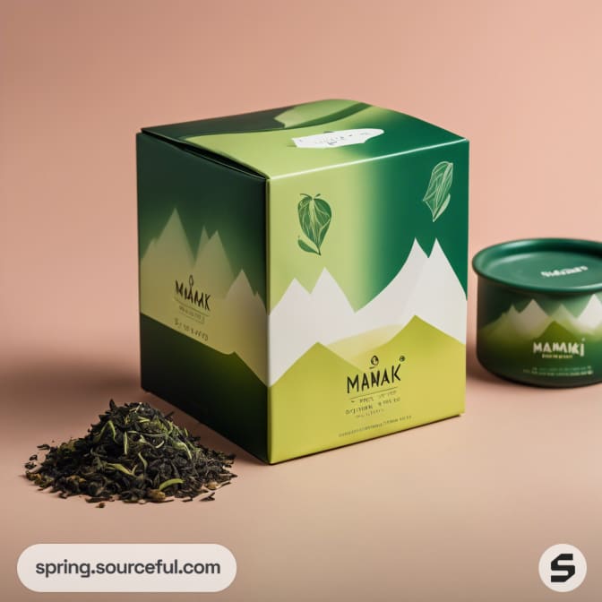 Green gradient tea canister and box with loose tea on a beige background.