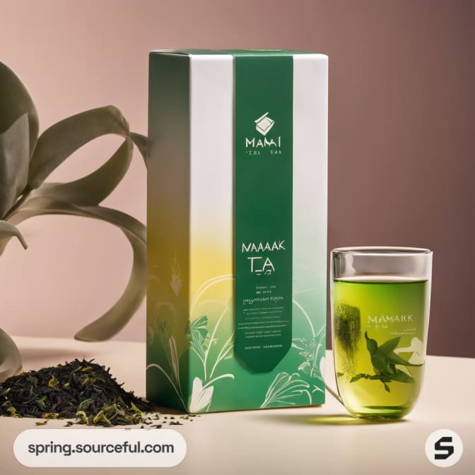 White and green tea box with glass of tea and loose leaves on a table.