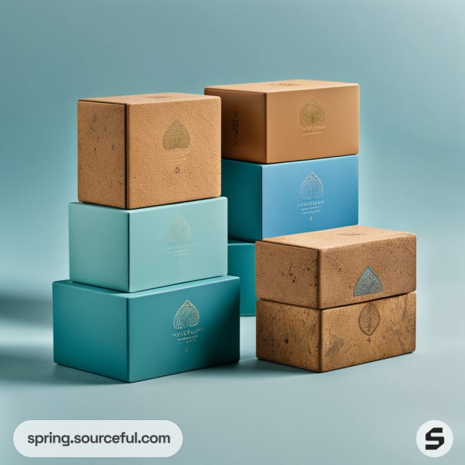 Stacked kraft and teal boxes with leaf design, set against a soft blue background.