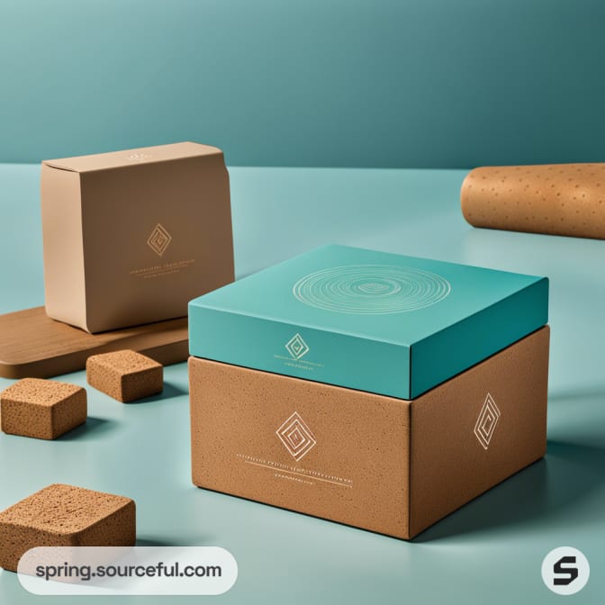 Turquoise and brown cardboard boxes on blue surface with geometric design.