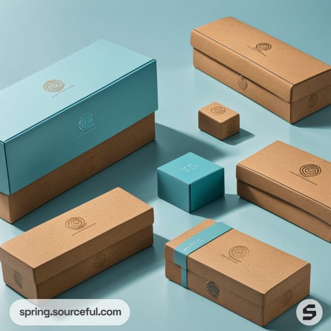 Assorted brown and teal cardboard boxes on a teal background.