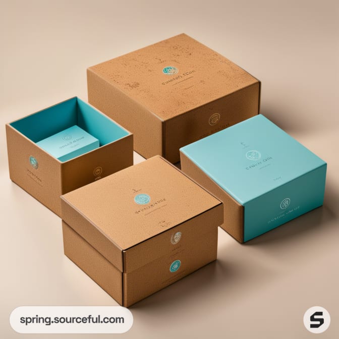 Set of brown and teal open and closed boxes with a minimalist design on a beige background.