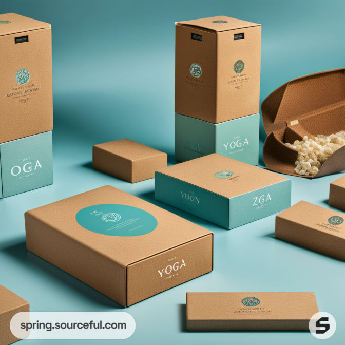 Stacked brown cardboard boxes with teal accents and yoga-themed graphics on a teal background.