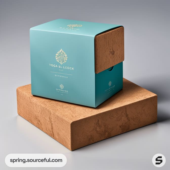 Square teal box with floral design on cork platform, minimalist style.