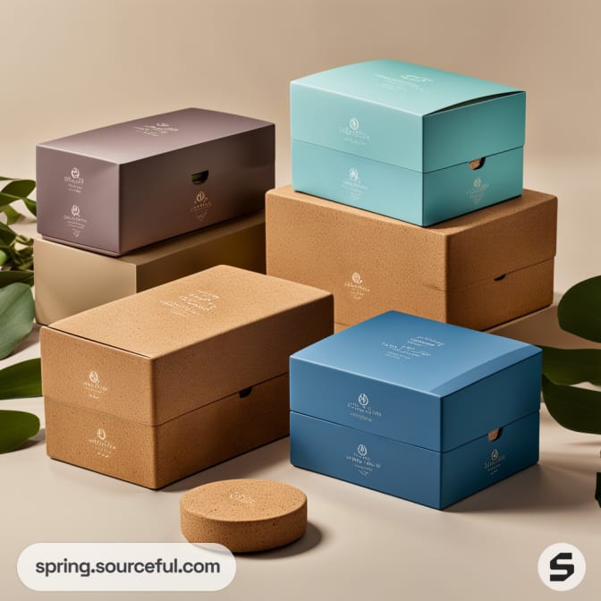 Stack of eco-friendly boxes in various colors with elegant design, surrounded by green leaves.