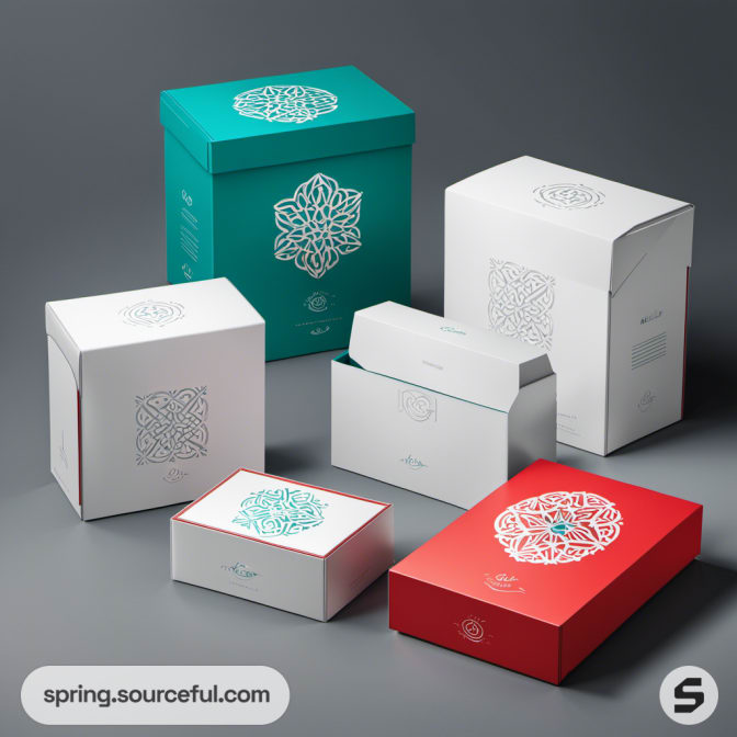 Assorted colorful product packaging boxes with intricate patterns on a gray background.