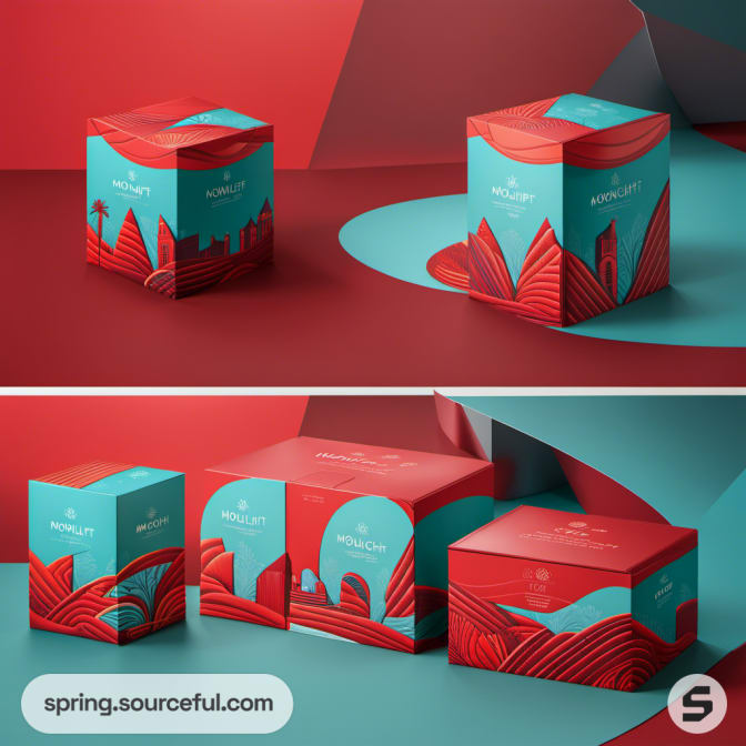 Red and teal boxes with landscape designs on a red and teal backdrop.
