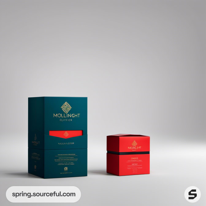 Tall and small boxes in teal and red with gold accents on a gray background.