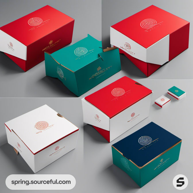 Red, white, and teal folding boxes with circular and angular designs.