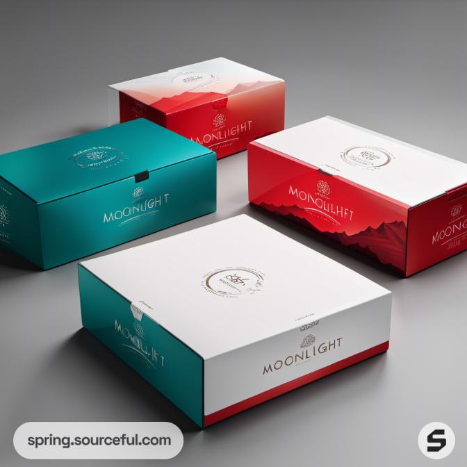 Stack of rectangular boxes in teal, red, and white with gradient designs.