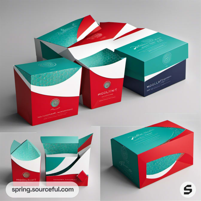 Geometric red, teal, and white boxes with contrasting textured patterns.