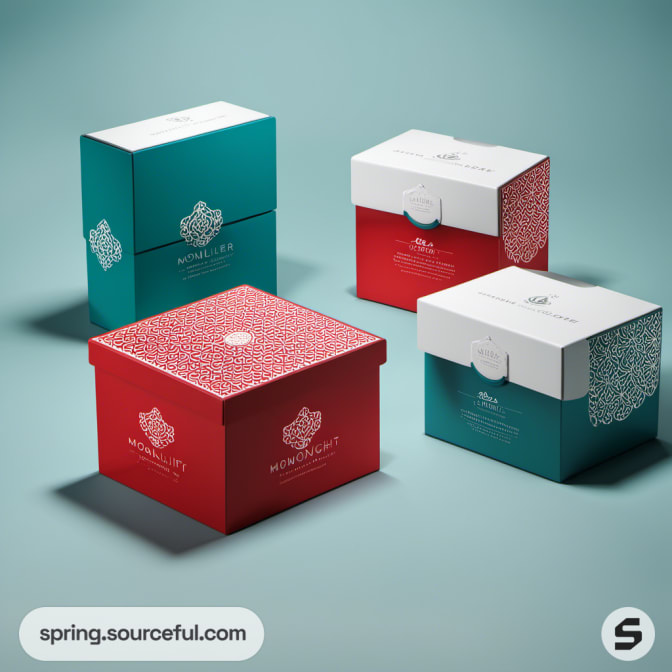 Square gift boxes in red and teal with white patterned lids.