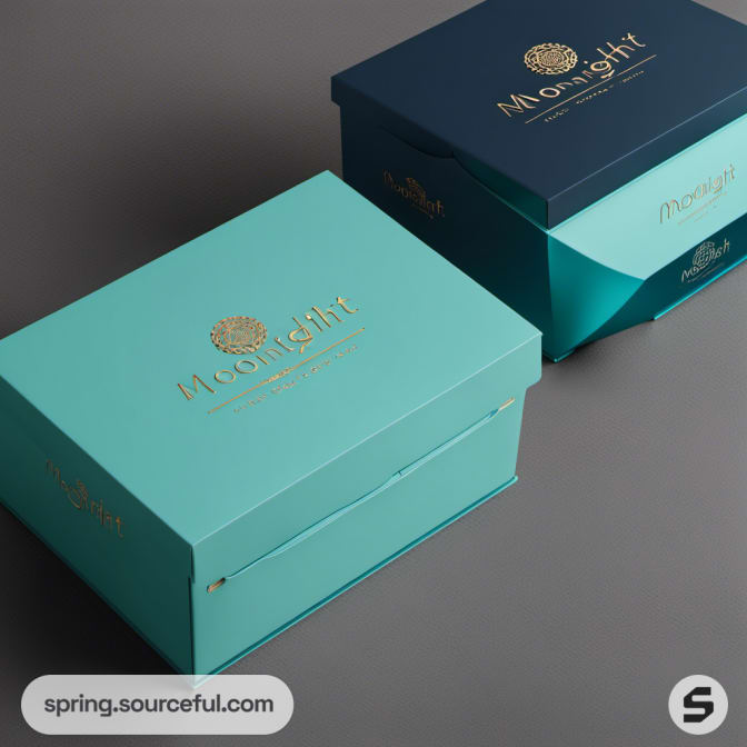 Close-up of teal and navy boxes with gold embossed text on lids.