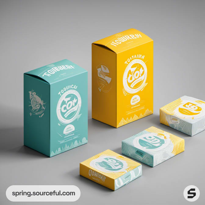 Teal and yellow cardboard boxes with playful designs for children's products.