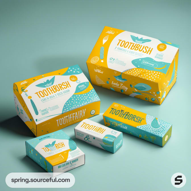 Toothbrush packaging in teal and yellow with toothbrush imagery and playful design.