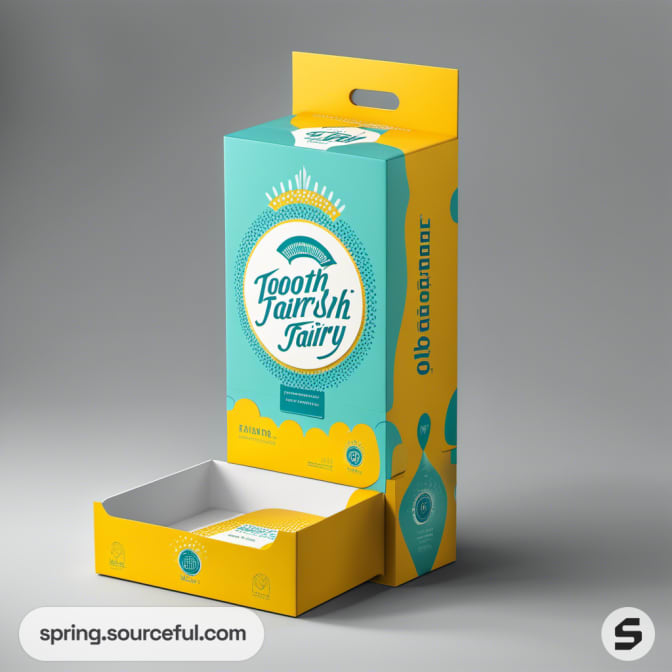 Tall teal and yellow box with toothbrush fairy theme and illustrative design.