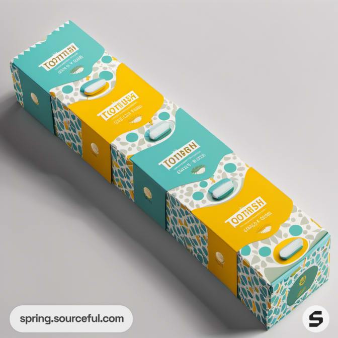 Stacked teal and yellow boxes with playful patterns for a children's product.