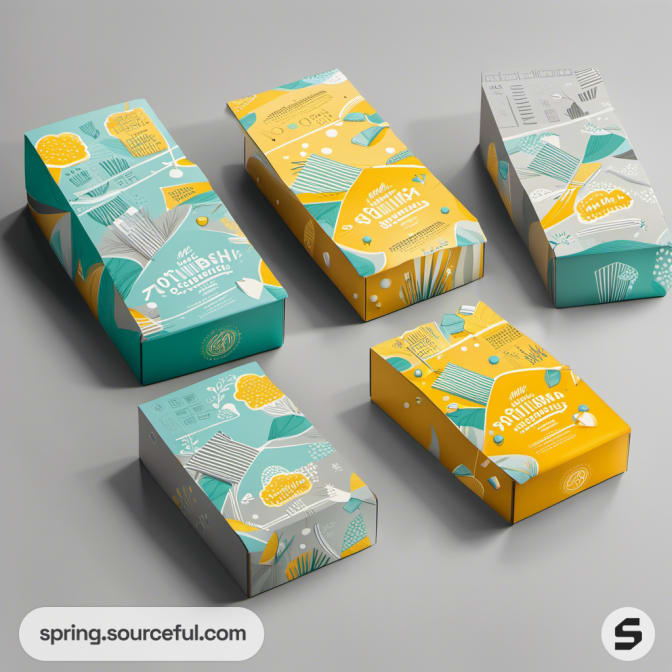Assorted teal and yellow boxes with whimsical patterns and textures.