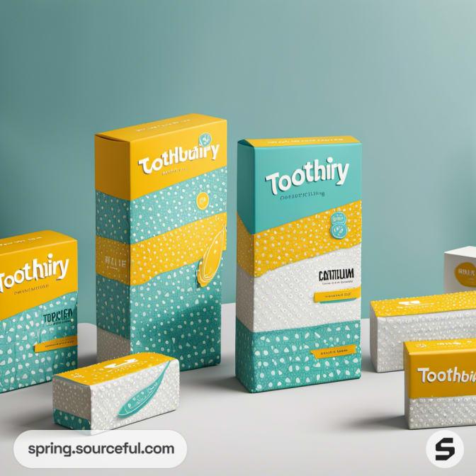 Teal and yellow boxes with colorful patterns for children's dental care packaging.