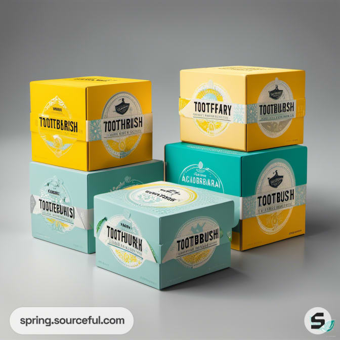 Stacked teal and yellow boxes with fun design elements for dental care.