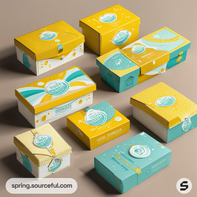 Various teal and yellow boxes with playful and creative designs.