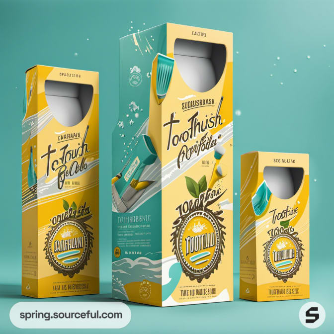 Tall yellow and teal boxes with toothbrush graphics and product information.