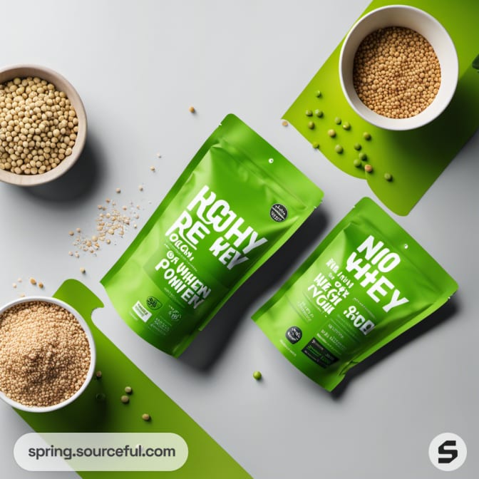 Two green resealable pouches with whole grains on green and gray background.